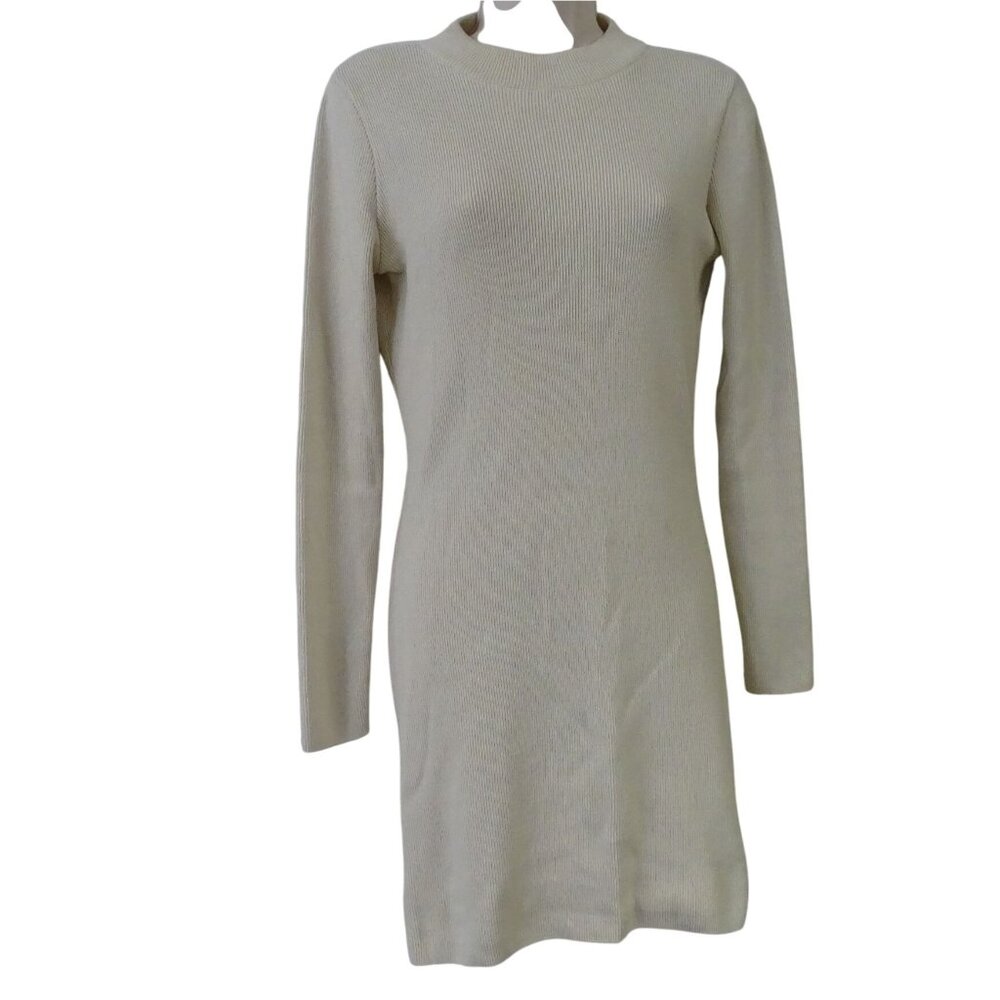 Milk It Beige Ribbed Knit Tied Open Back Long Sleeve Mini Dress Women Size 10